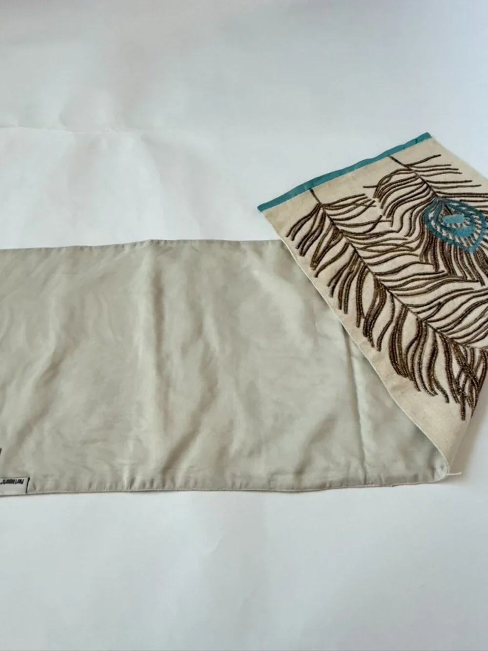Pier 1 Peacock Feather Beaded Table Runner 41x13 Embroidered Cream Gold Blue